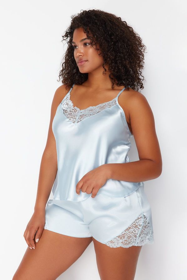 Trendyol Trendyol Curve Blue Lace Detailed Satin Woven Pajamas Set