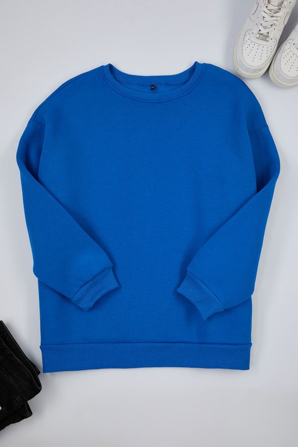 Trendyol Trendyol Curve Blue Oversize/Relaxed Fit Basic Crew Neck Thick/Polar Inside Knitted Sweatshirt