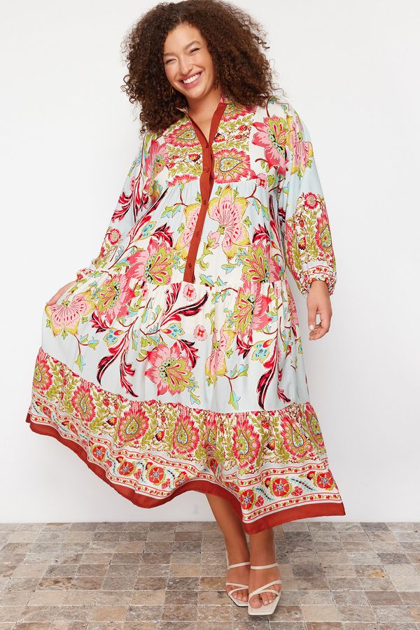 Trendyol Trendyol Curve Blue Poplin Woven Floral Plus Size Dress