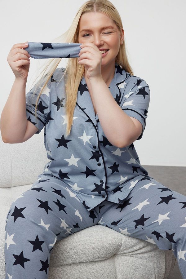 Trendyol Trendyol Curve Blue Star Patterned Shirt Collar Knitted Pajama Set