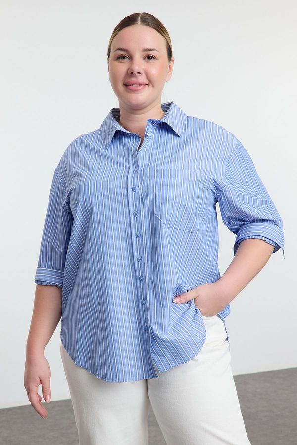 Trendyol Trendyol Curve Blue Striped Boyfriend Plus Size Woven Shirt