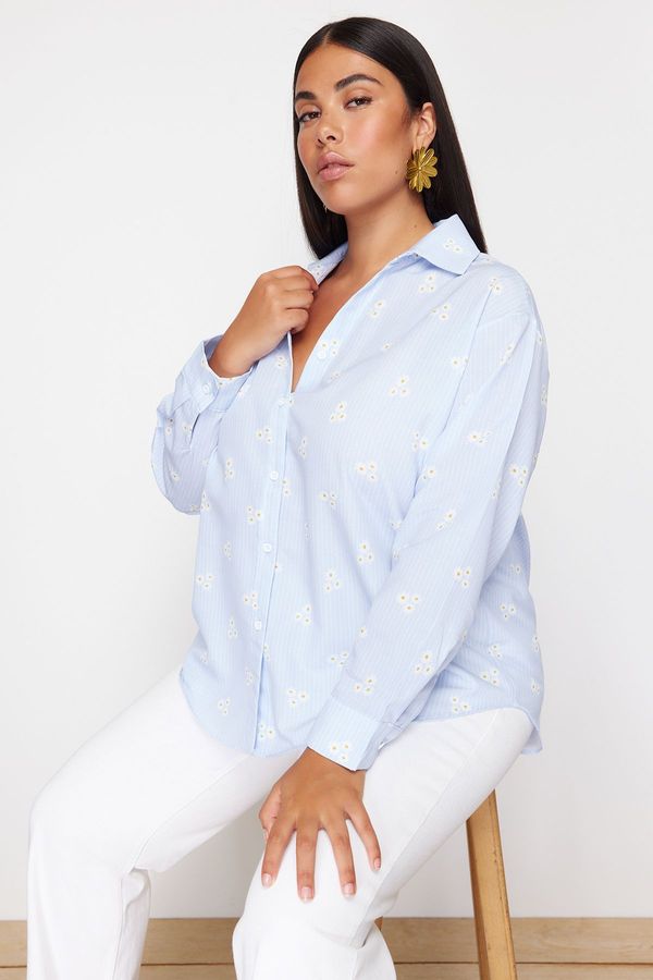 Trendyol Trendyol Curve Blue Striped Floral Cotton Woven Plus Size Shirt