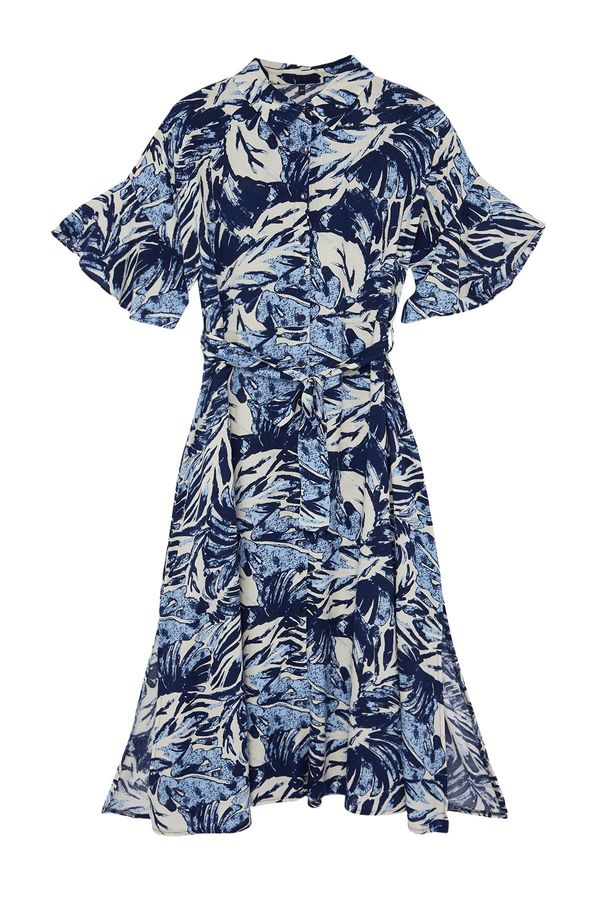 Trendyol Trendyol Curve Blue Tropical Leaf Patterned Woven Slit Dress