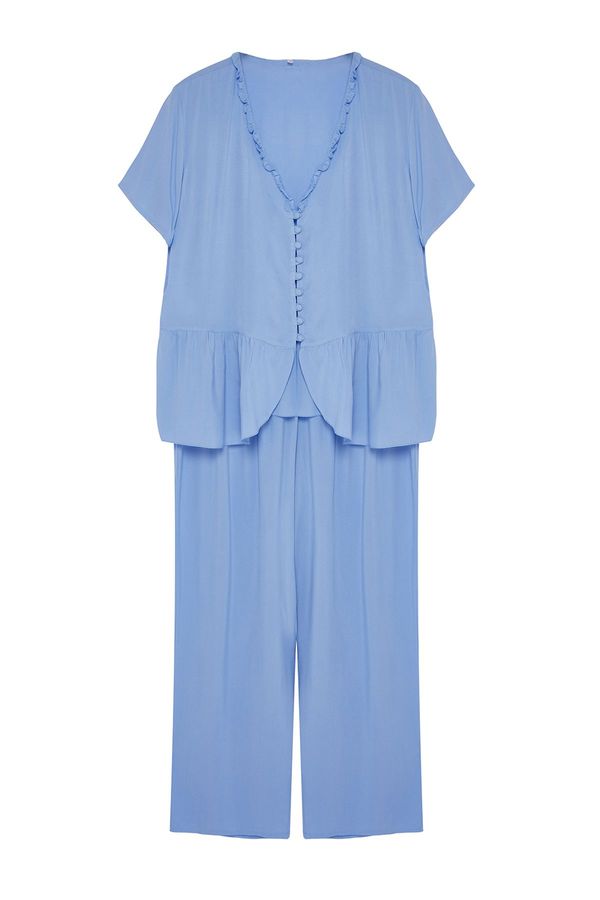 Trendyol Trendyol Curve Blue V-Neck Button-Woven Pajama Set