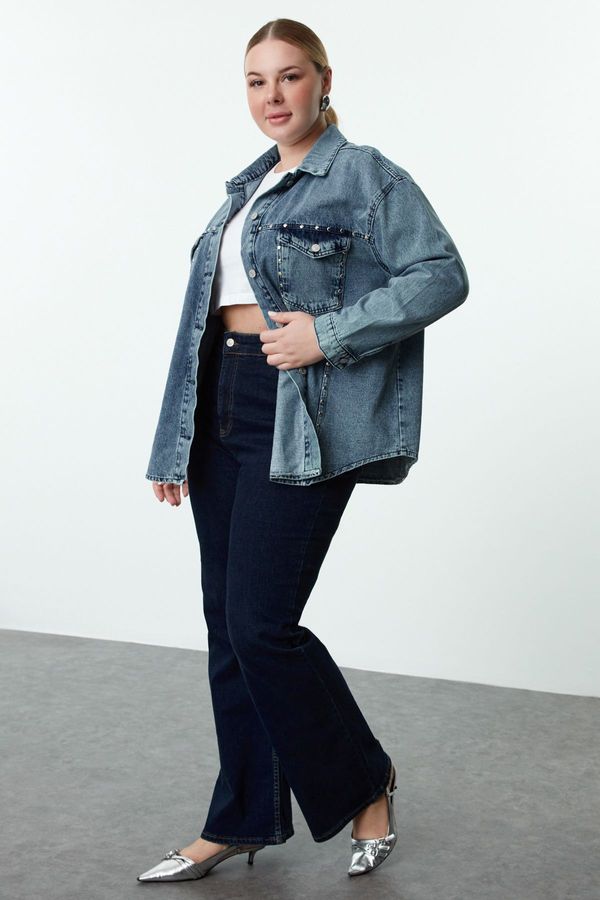 Trendyol Trendyol Curve Blue Wide Cut Trouser Plus Size Denim Jacket