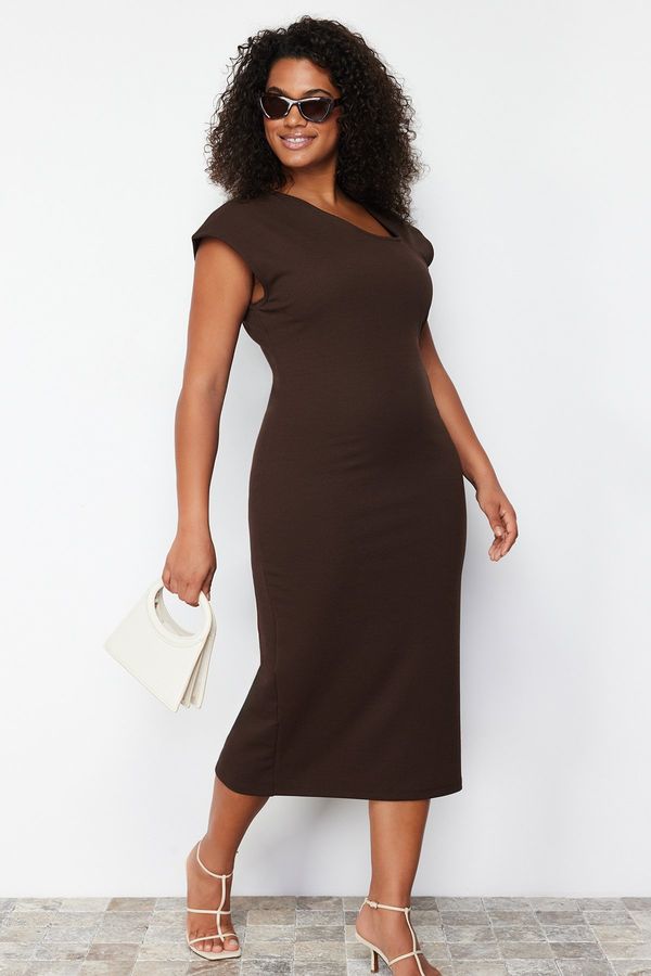 Trendyol Trendyol Curve Brown Asymmetric Collar Knitted Dress