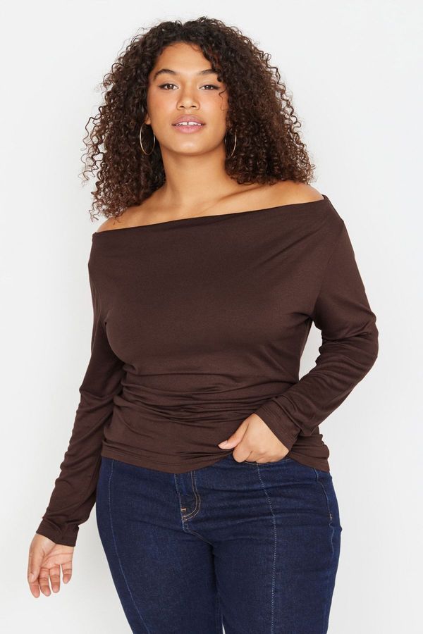 Trendyol Trendyol Curve Brown Carmen/Madonna Collar Flexible Draped Knit Plus Size Blouse