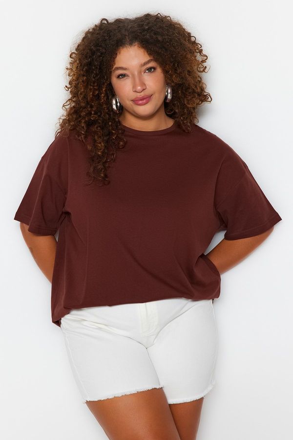 Trendyol Trendyol Curve Brown Crew Neck Back Printed 100% Cotton Knitted T-shirt