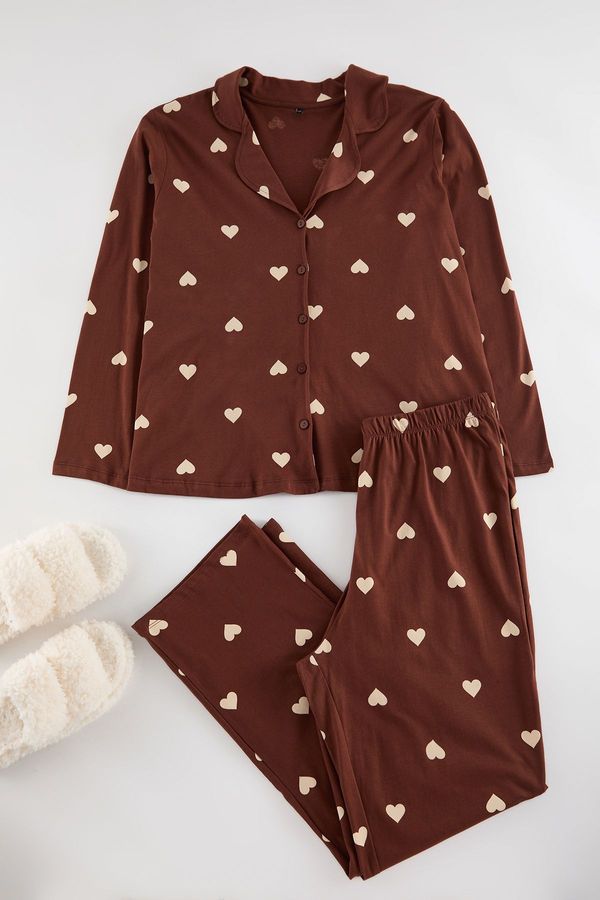 Trendyol Trendyol Curve Brown Heart Shirt Collar Knitted Pajama Set