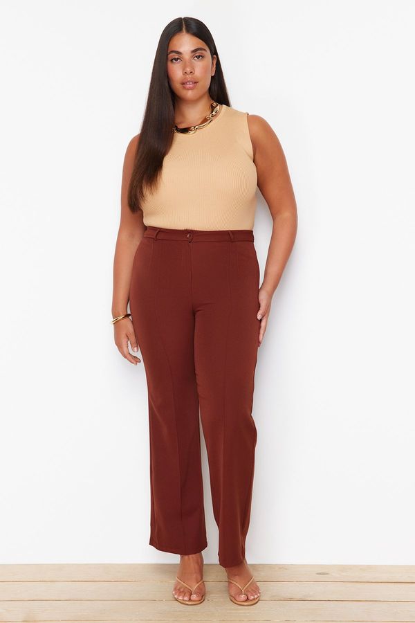 Trendyol Trendyol Curve Brown High Waist Ribbed Stitched Spanish Leg Woven Fabric Trousers