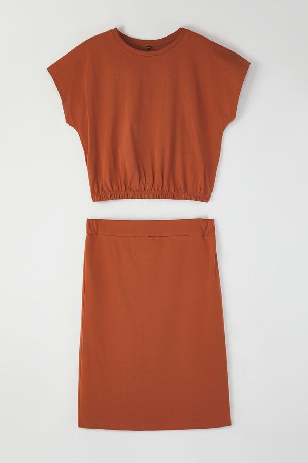 Trendyol Trendyol Curve Brown Knitted Large Size Bottom-Top Set