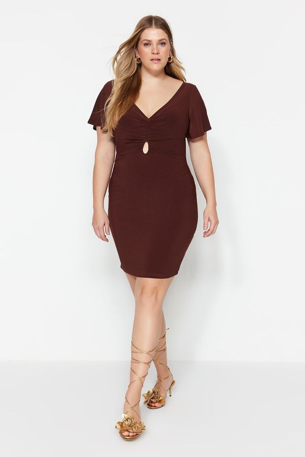 Trendyol Trendyol Curve Brown Knitted V-Neck Window/Cut Out Detailed Dress