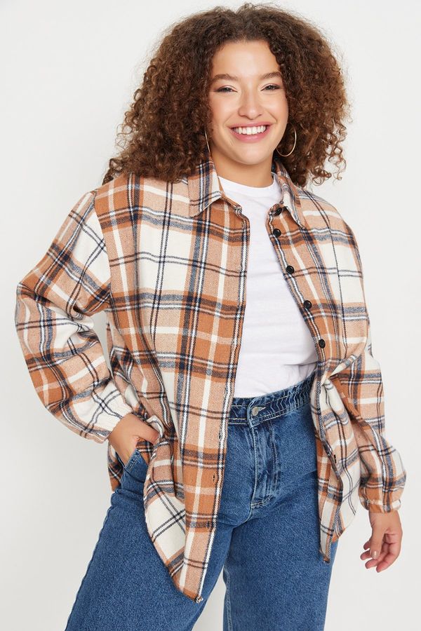 Trendyol Trendyol Curve Brown Plaid Long Sleeve Oversize Winter Woven Shirt