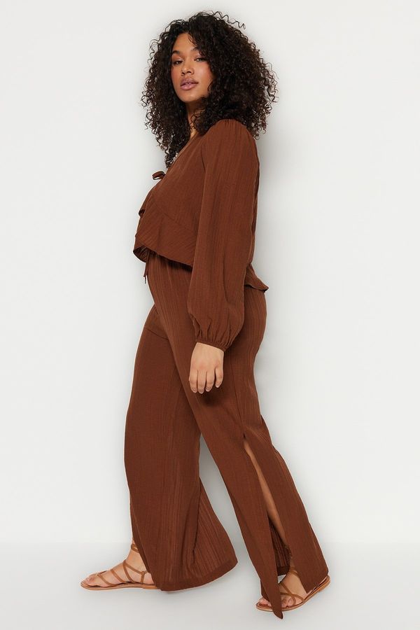 Trendyol Trendyol Curve Brown Slit Detailed High Waist Wrapped Wide Leg Beach Wear Woven Trousers