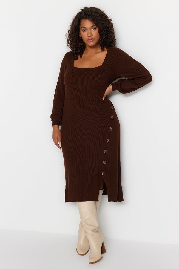 Trendyol Trendyol Curve Brown Sweater Dress With Button Detailed Slit