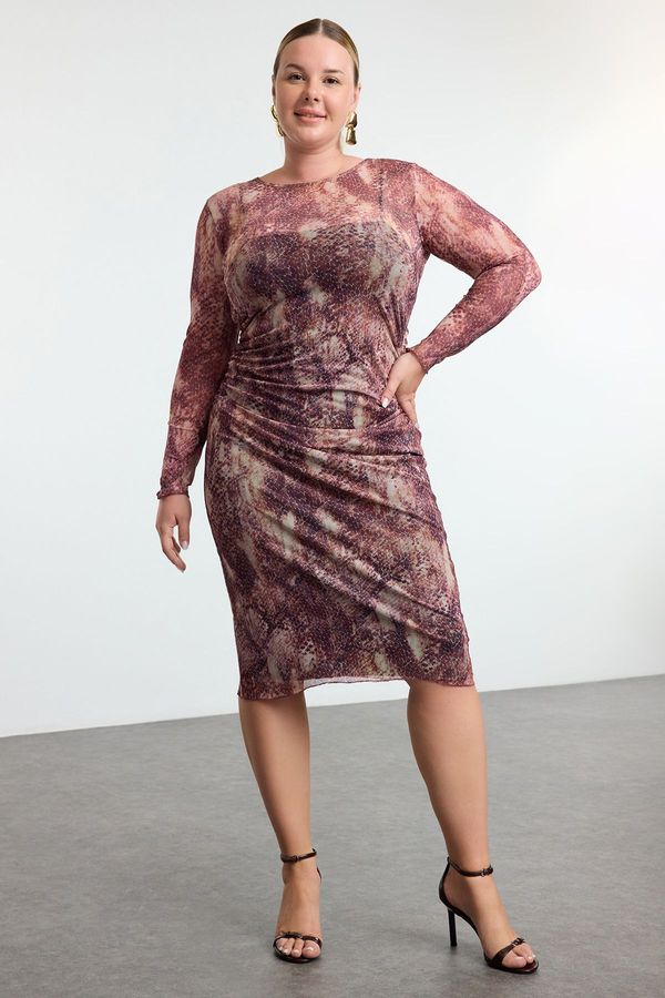 Trendyol Trendyol Curve Brown Tulle Knit Plus Size Dress