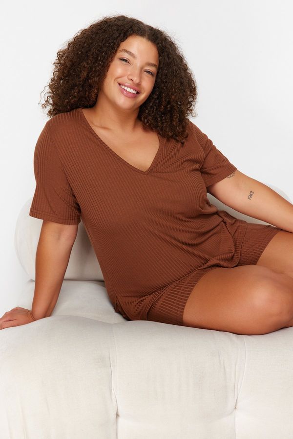 Trendyol Trendyol Curve Brown V Neck Camisole Knitted Pajamas Set