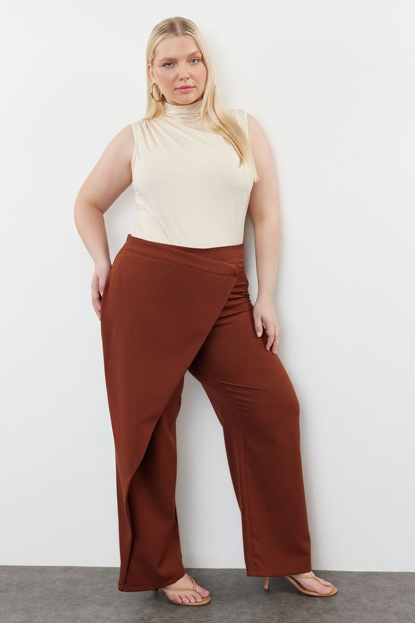 Trendyol Trendyol Curve Brown Wide Leg Woven Trousers with Cross Closure Detail