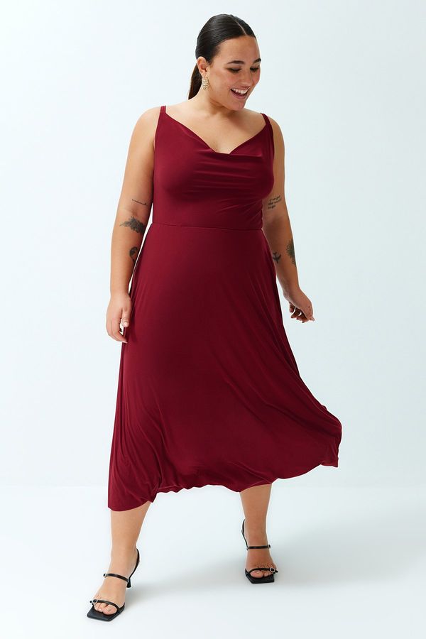 Trendyol Trendyol Curve Burgundy Degajee Collar Knitted Dress