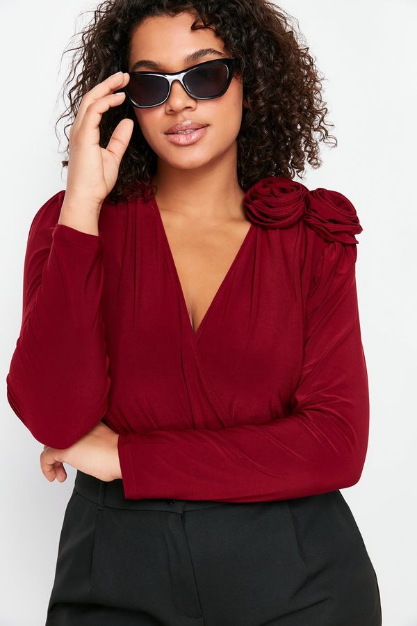 Trendyol Trendyol Curve Burgundy Double Breasted Collar Accessory Bodysuit