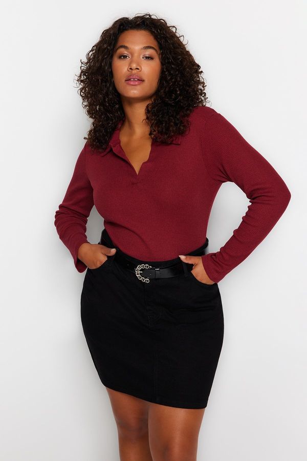 Trendyol Trendyol Curve Burgundy Fitted Ribbed Shirt Collar Snap Snap Knitted Bodysuit