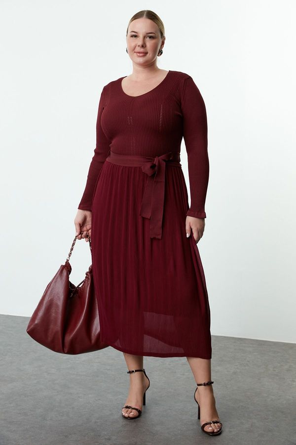 Trendyol Trendyol Curve Burgundy Midi Length Skirt Pleated Woven Mix Knitwear Dress