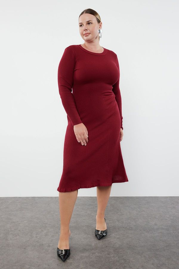 Trendyol Trendyol Curve Burgundy Ribbed Crew Neck Midi Knit Dress