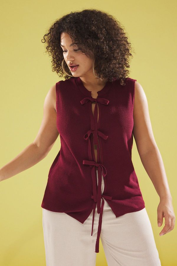 Trendyol Trendyol Curve Burgundy Ribbon/Bow Detail Cotton Blend Knit Blouse