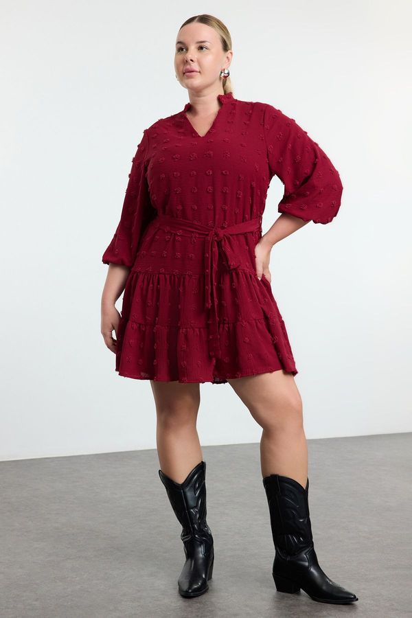 Trendyol Trendyol Curve Burgundy V Neck Balloon Sleeve Belted Pompom Woven Mini Plus Size Dress