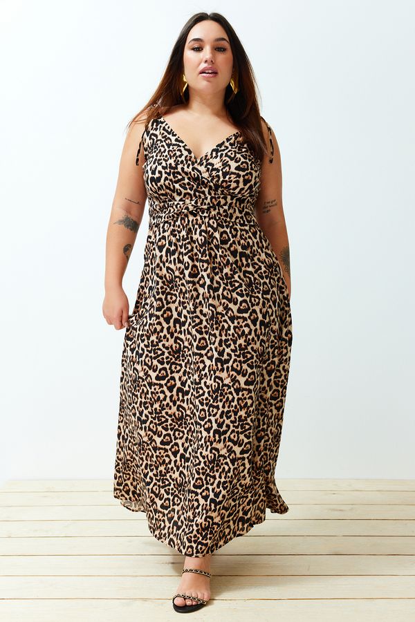 Trendyol Trendyol Curve Camel Maxi Slit Detailed Leopard Patterned Woven Dress