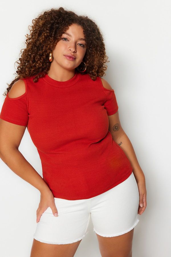 Trendyol Trendyol Curve Cinnamon Corduroy Knitted Cut Out Detailed Blouse