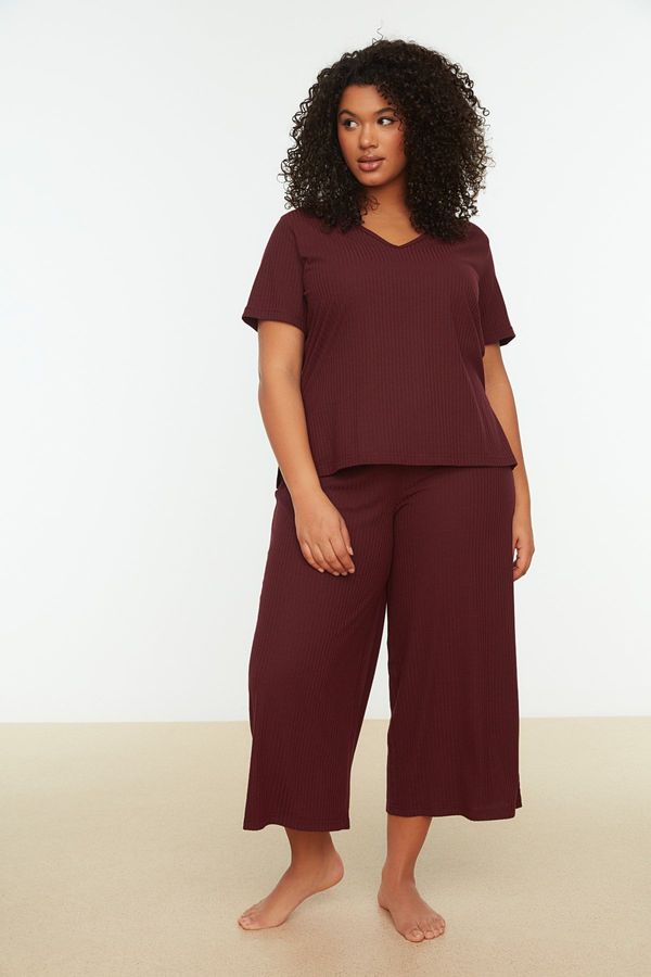 Trendyol Trendyol Curve Claret Red Camisole Capri Length Knitted Pajama Set