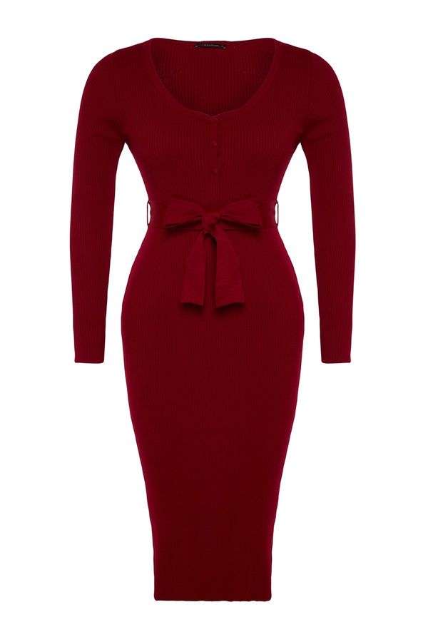 Trendyol Trendyol Curve Claret Red Knitwear Dress with Binding Detail and Buttons at the Waist