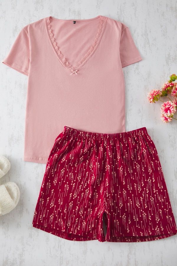 Trendyol Trendyol Curve Claret Red-Multicolored V-Neck Lace Detailed Knitted Pajama Set