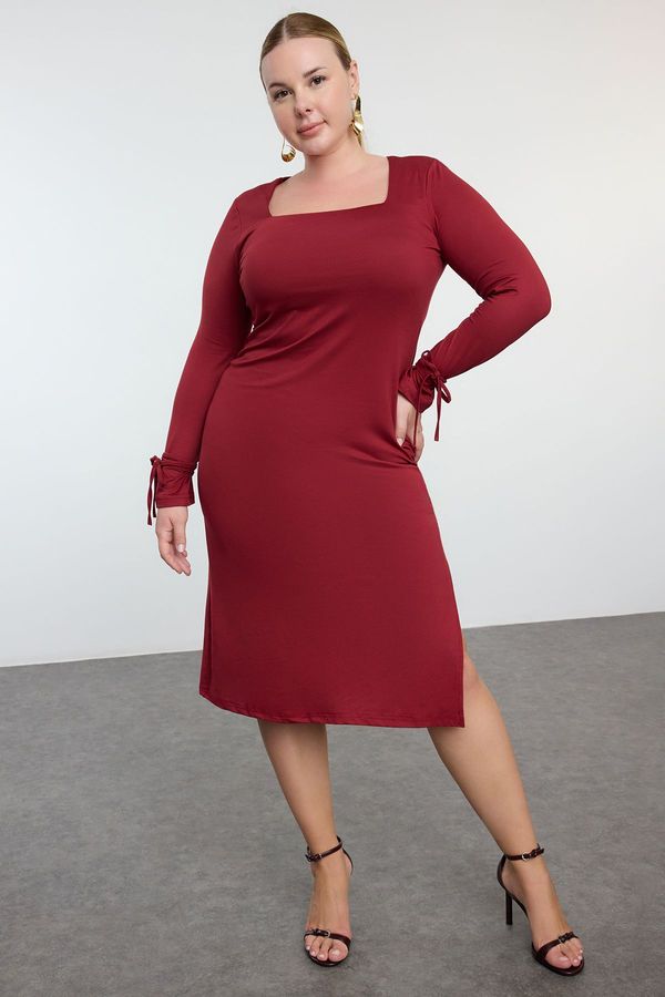 Trendyol Trendyol Curve Claret Red Premium Square Neck Slit Knitted Plus Size Dress