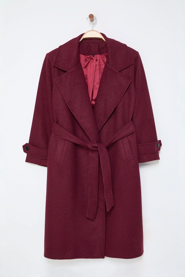 Trendyol Trendyol Curve Claret Red Regular Fit Wide Collar Detailed Long Wool Blend Cashmere Coat