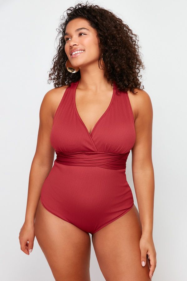 Trendyol Trendyol Curve Claret Red V-Neck Textured Swimsuit with Recovery Effect
