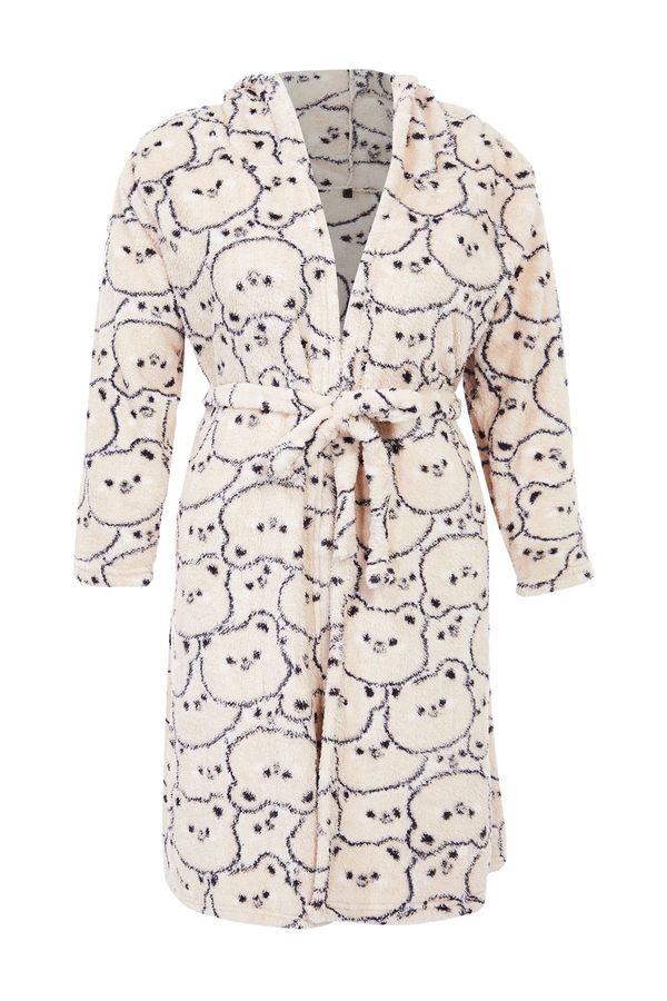 Trendyol Trendyol Curve Cream Teddy Bear Printed Wellsoft Knitted Dressing Gown