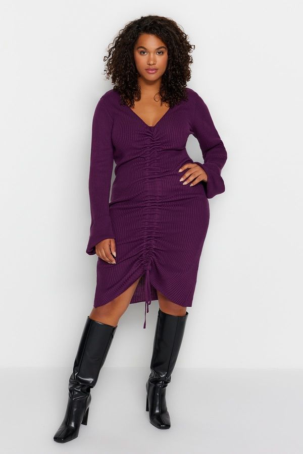 Trendyol Trendyol Curve Damson Ribbed Gathered Detailed Fine Knitwear Dress