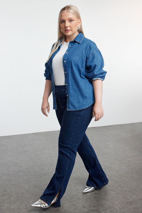 Trendyol Trendyol Curve Dark Blue Stitching Detailed Flare Leg Plus Size Jeans