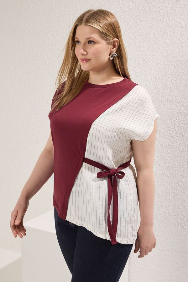 Trendyol Trendyol Curve Dark Cherry Tied Striped Fabric Detailed Knitting Plus Size Blouse