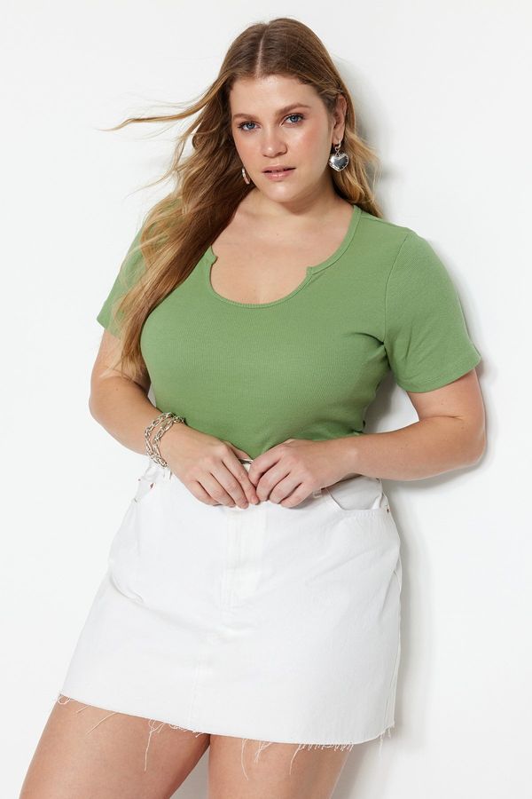 Trendyol Trendyol Curve Dark Mint Collar Detailed Ribbed Knitted T-shirt