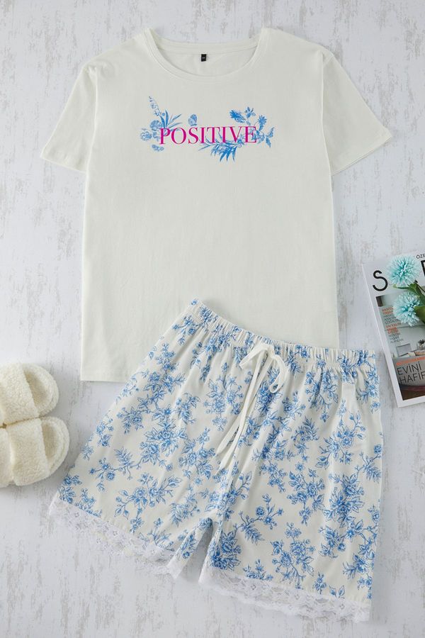 Trendyol Trendyol Curve Ecru-Blue Floral Patterned Tied Waist Knitted Pajama Set