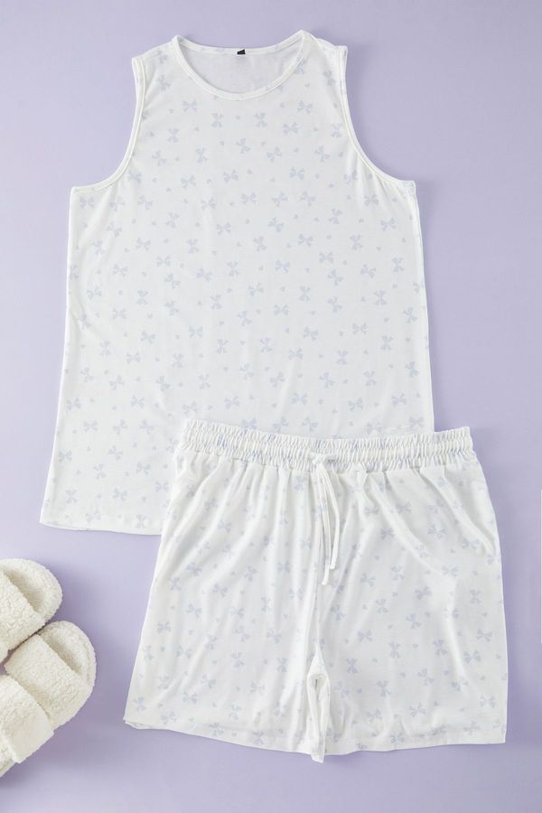 Trendyol Trendyol Curve Ecru-Blue Ribbon/Bow Patterned Knitted Pajama Set
