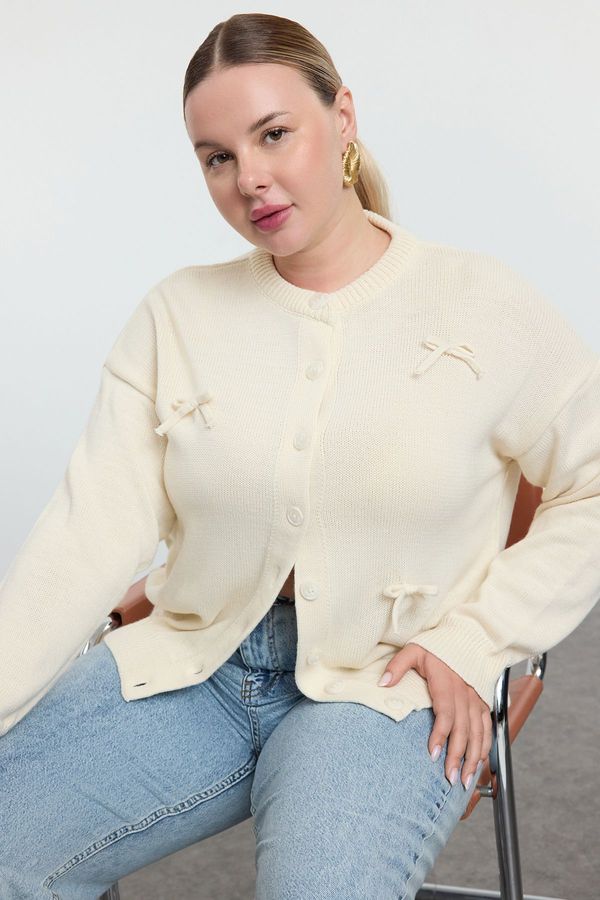 Trendyol Trendyol Curve Ecru Bow Detailed Crew Neck Knitwear Cardigan