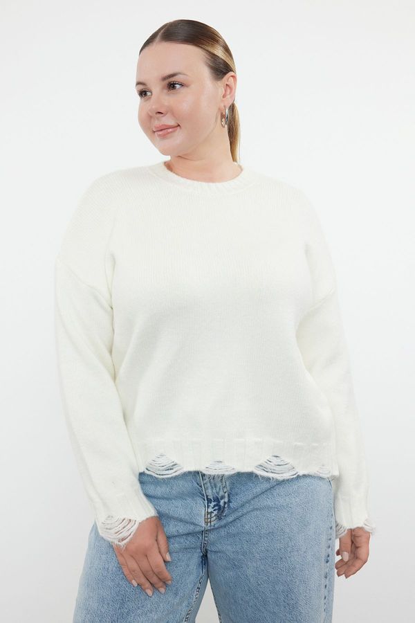 Trendyol Trendyol Curve Ecru Crew Neck Destroy Detailed Knitwear Sweater