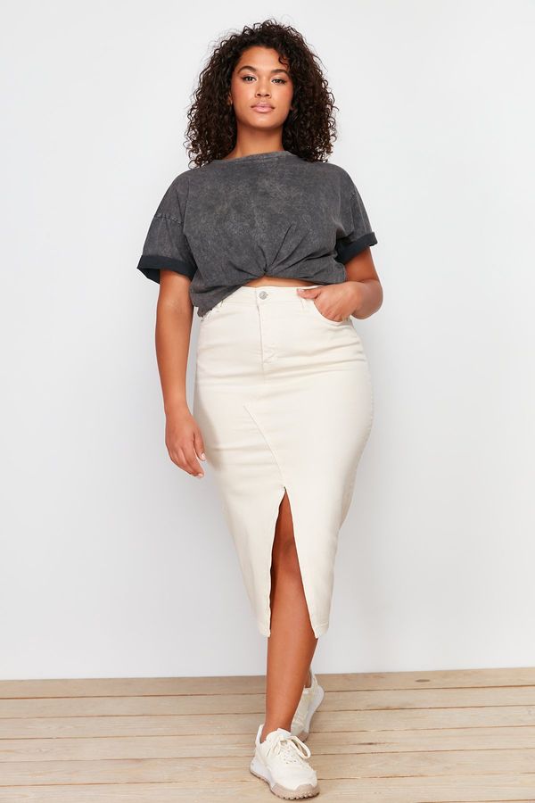 Trendyol Trendyol Curve Ecru Front Slit Detailed Midi Denim Skirt