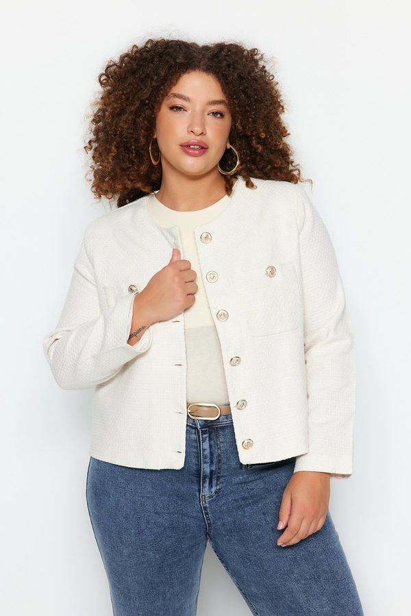 Trendyol Trendyol Curve Ecru Gold Buttoned Pocket Tweed Woven Plus Size Jacket