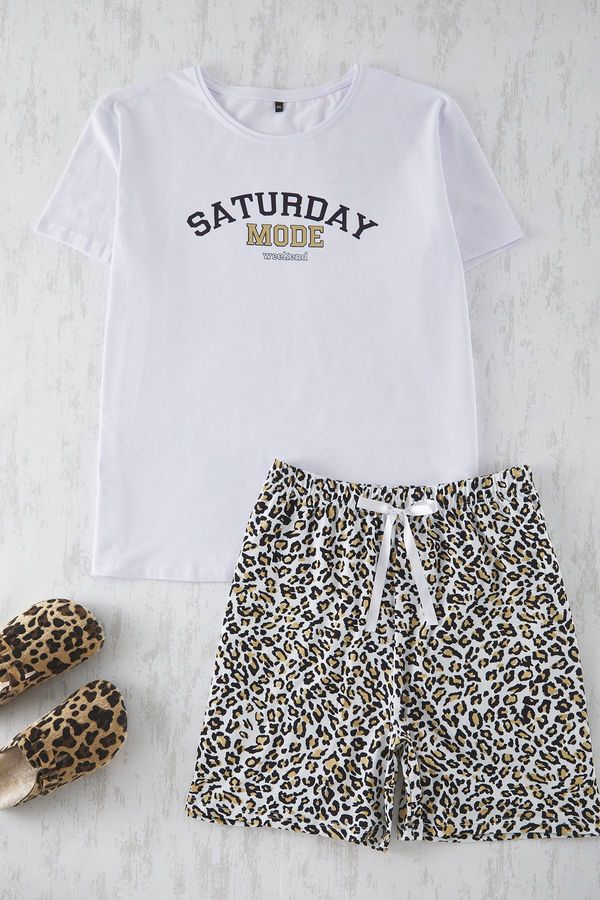 Trendyol Trendyol Curve Ecru Leopard Patterned Knitted Pajama Set