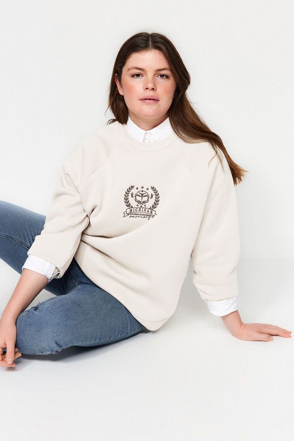 Trendyol Trendyol Curve Ecru Thick Inside Fleece Embroidery Detailed Knitted Sweatshirt